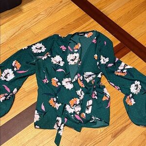 Express Floral Wrap Blouse - Green and Pink